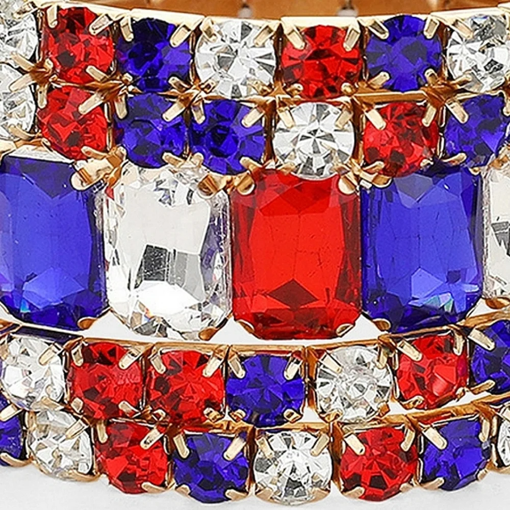 Colorful Emerald Cut Crystal Wide Stretch Bracelet 5 Pcs Bling 1.75 Inches